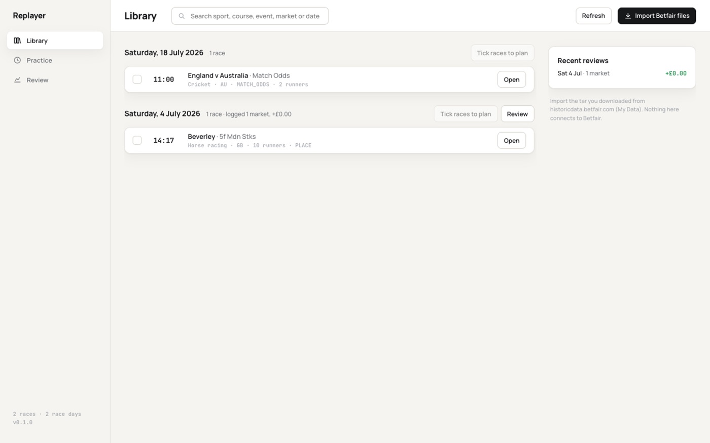 The library: race days, markets across sports, a practice plan and recent reviews.